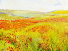 ‡ RALPH SPILLER oil on canvas - untitled, poppy fields, signed with initials, dated 1997, 50 x 65cms