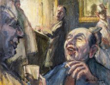 ‡ GARETH PARRY oil on board - entitled verso, 'Hwyl Mewn y Tafarn / Fun in the Tavern', signed, 39 x