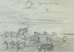 ‡ SIR KYFFIN WILLIAMS RA preliminary pencil sketch - farmstead with cattle in foreground, 24 x 33cms