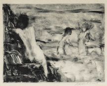 ‡ HARRY HOLLAND monotype - three figures bathing, signed in pencil, titled verso 'Beach', typed