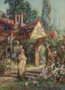 ‡ WILL EVANS watercolour - a maiden with birds outside a timber framed cottages, entitled 'Feeding