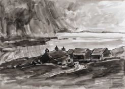 ‡ SIR KYFFIN WILLIAMS RA inkwash - Penrhyn Du Farm, Ynys Mon (Anglesey) with approaching storm,