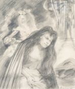 ‡ ANDREW VICARI mixed media on paper - untitled, two women mourning a gentleman and with devilish