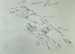 ‡ SIR KYFFIN WILLIAMS RA preliminary pen on paper sketch - mountain landscape with annotations, 19 x