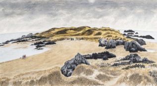 ‡ ALEX UXBRIDGE oil on canvas - figures walking their dog at Llanddwyn, off Ynys Mon (Anglesey),