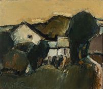 ‡ WILL ROBERTS oil on board - Cimla near Neath landscape with farm, entitled verso 'Tynywaun',