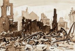 ‡ WILL EVANS pen & inkwash - ruins of Swansea after the blitz of WWII, 1941, entitled bottom