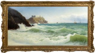 DAVID JAMES (1854-1904) AKA Joseph Donahue oil on canvas - coastline near Tenby with St Catherine'