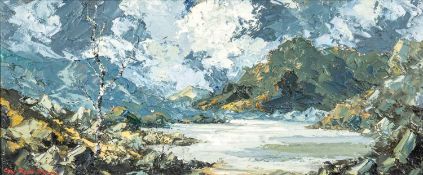 ‡ CHARLES WYATT WARREN oil on board - Eryri (Snowdonia) landscape with silver birch tree, signed, 22