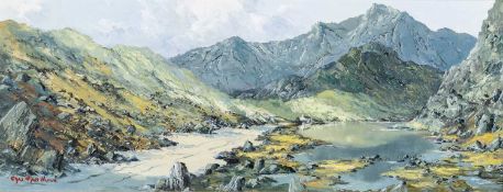 ‡ CHARLES WYATT WARREN oil on board - entitled 'Snowdon from Llyn Llydaw', signed, 28 x 74cms