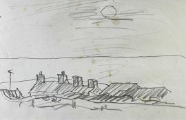 ‡ SIR KYFFIN WILLIAMS RA pencil on paper sketch - roofs of houses with sea beyond under sun, 19 x
