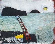 ‡ IWAN BALA oil on canvas laid to board - coffin beneath the sea with crowned skeleton approaching a