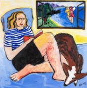 ‡ HELEN LOPEZ acrylic - entitled verso, 'Sparky & Woman', signed and dated '97, 60 x 60cms