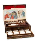 FINE GEORGE IV BRASS-INLAID ROSEWOOD PAINT BOX, by W. J. Reeves & Son, lid engraved with central