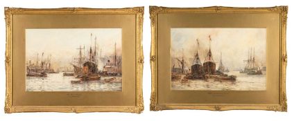 FRANK W SCARBROUGH watercolours, a pair - titled 'Thames at Blackwall, London' and 'The Pool of