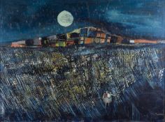 ‡ PETER OLIVER oil on board - untitled, evening landscape with moon and figure, inscribed verso in