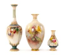 THREE WORCESTER PORCELAIN VASES, comprising Hadleyware bottle vase painted with autumn blackberries,