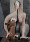 SANTOS BALMORI (Mexican, 1889-1992) pastel on paper, Mother, Child and Cat, cubist portrait,