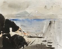 ‡ JACOB BUCKLAND (b. 1973) watercolour with bodycolour - 'Towards Snowdon', 2010, titled on Kooywood