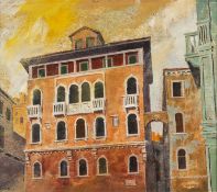 ‡ RONALD LOWE (British, 1932-1985) oil on canvas on board - 'Campo Chiesa, Venice', 55 x 61cms