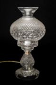 ATTRIBUTED TO WATERFORD: CUT GLASS TABLE LAMP, with glass baluster shade, unmarked, 37cm h