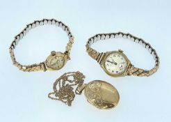 9CT GOLD ENGRAVED OVAL LOCKET on fine 9ct gold chain, 6.5gms, together with two ladies