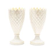 PAIR BELLEEK PINECONE PATTERN PORCELAIN VASES, 3rd period marks, iridescent glaze, 21cms h (2)