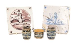 COLLECTIBLE POTTERY, comprising two 18th Century Delft tiles, painted in aubergine and in blue