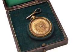 18K GOLD FANCY FOB WATCH, overall engraved, Roman numerals, 29.4gms, in vintage fitted box with