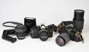 OLYMPUS OM2 SLR CAMERA OUTFIT, comprising OM2 and OM2-N bodies, Olympus 50mm lens, Olympus 35-105