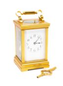 GILT BRASS FIVE GLASS CARRIAGE CLOCK, white enamel dial with Arabic numerals, push repeat button,