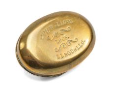 EDWARDIAN WELSH BRASS SNUFF BOX, engraved 'John Lloyd Llngunllo, 1905', 8cms long Provenance: