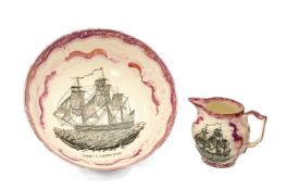 SUNDERLAND LUSTRE POTTERY SHIP BOWL & JUG, transfer printed with 'Ship Caroline', bowl 31cms diam,