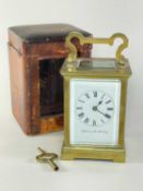 GILT BRASS FIVE-GLASS CARRIAGE CLOCK, E. Johnson & Son, Derby retailers mark to the Roman enamel