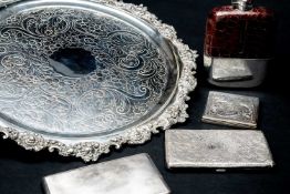 ASSORTED ELECTROPLATE, comprising foliate engraved salver, 43cms diam., electroplated and leather