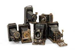 SIX ASSORTED BELLOW CAMERAS, including Compur f/7.5cm, Derval Contessa Nettel f/10.5cm, Thagee
