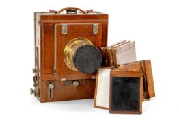 ICA MAHOGANY FIELD FULL PLATE CAMERA, with E. Krauss 50mm f6.3 lens, no. 111407, lens cap and
