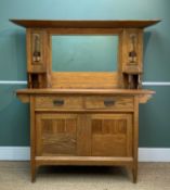LIBERTY-STYLE ARTS & CRAFTS OAK MIRROR BACK SIDEBOARD, angled cornice above mirror set back
