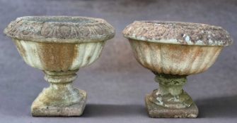 TWO ROUND COMPOSTION PLANTERS, fluted bowls on square based plinths, 47cms diameter (2)