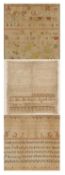 THREE 19TH CENTURY NEEDLEWORK SAMPLERS, Lydia Bryham age 10, dated 1825, alphabet and numerals, 25 x