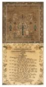 REGENCY NEEDLEWORK SAMPLER, by Elizabeth Wood aged 13, dated October 1823, depicting Adam and Eve in