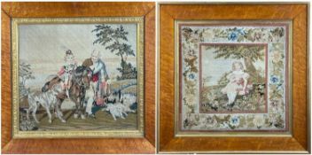 TWO VICTORIAN WOOLWORK PICTURES, one depicting an elderly gentleman and grandchild on a pony with