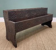 ANTIQUE BOARDED OAK TWO-TIER PLANT STAND, carved floral roundel panels, 57h x 122w x 38cms d