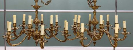 PAIR 19TH CENTURY FRENCH-STYLE BRASS 12-LIGHT CHANDELIERS, with six bifurcated foliate arms, with