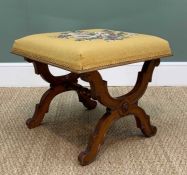 VICTORIAN WALNUT X-FRAME STOOL, floral woolwork upholstery, 52w x 46h x 50cms d
