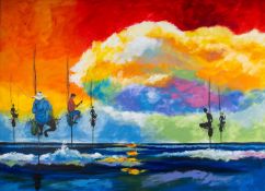 ISUZU JEENWANTHA acrylic on canvas - large and vibrant study of S.E Asian stilt fishermen, signed,