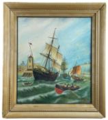 EARLY 20th CENTURY NAIVE SCHOOL, oil on board, ships and skiffs leaving harbour in choppy seas,