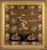 MID-VICTORIAN BERLIN WOOLWORK PICTURE, by Elizabeth Hosea, date 1864, decorated with birds, flowers,