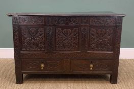 FINE CHARLES II JOINED OAK WEST COUNTRY COFFER, mid-late 17th Century, with moulded triple plank