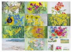 ELIZABETH THOMAS (Neath and Swansea artist, d. 2014) folio - of flower sketches, inc. acrylic